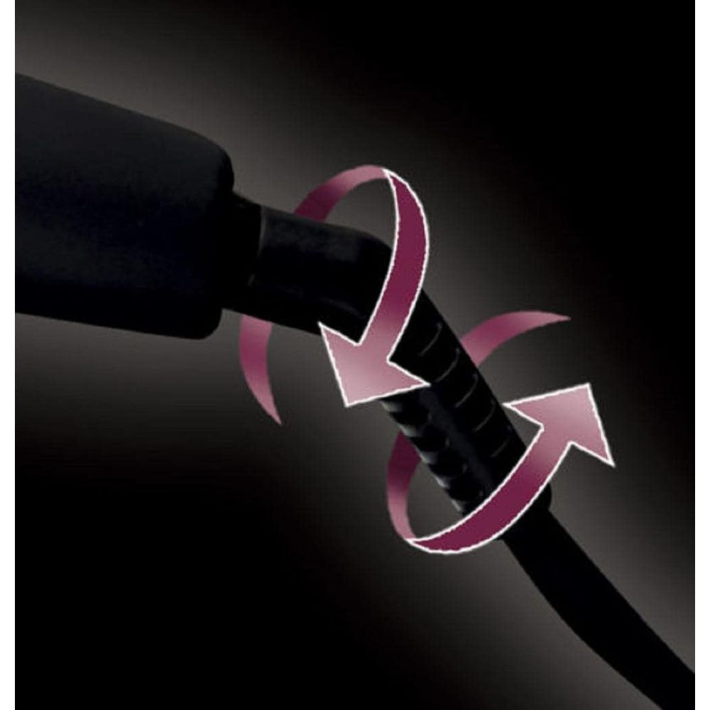 Cable negro con indicador de rotación y flechas sobre fondo oscuro.
