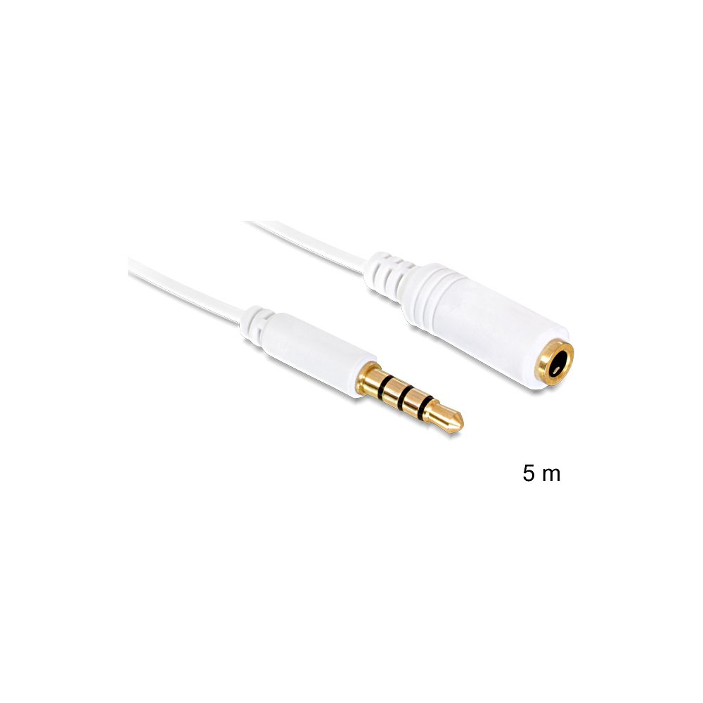 Un cavo di prolunga audio bianco da 3,5 mm con connettori maschio e femmina. 5m.