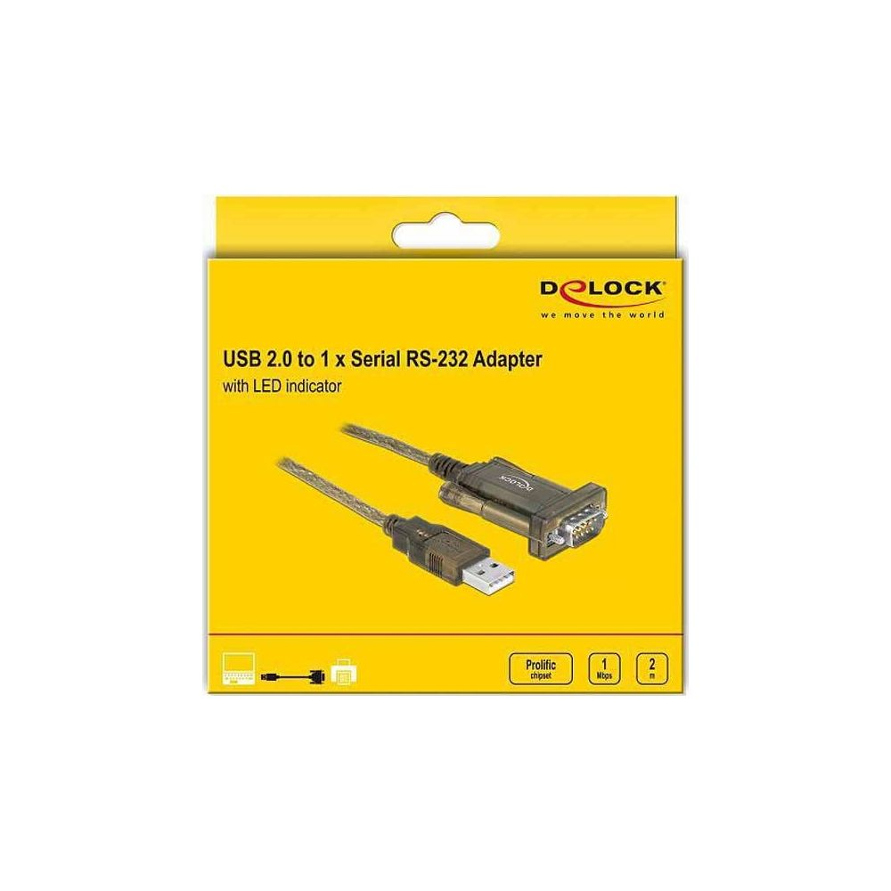 Adapter Delock USB 2.0 do RS-232 ze wskaźnikiem LED i chipsetem Prolific.