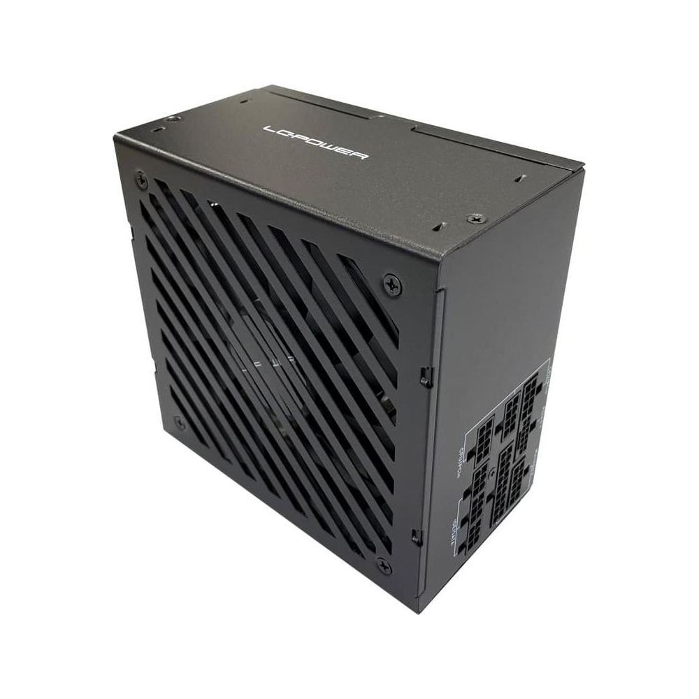 Zwarte voeding met ventilatiesleuven en connectoren.