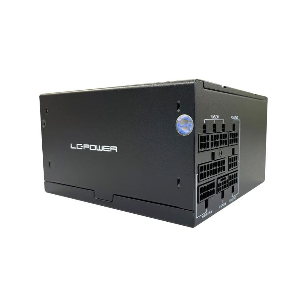 Zwarte LC Power voeding met meerdere poorten, witte achtergrond.