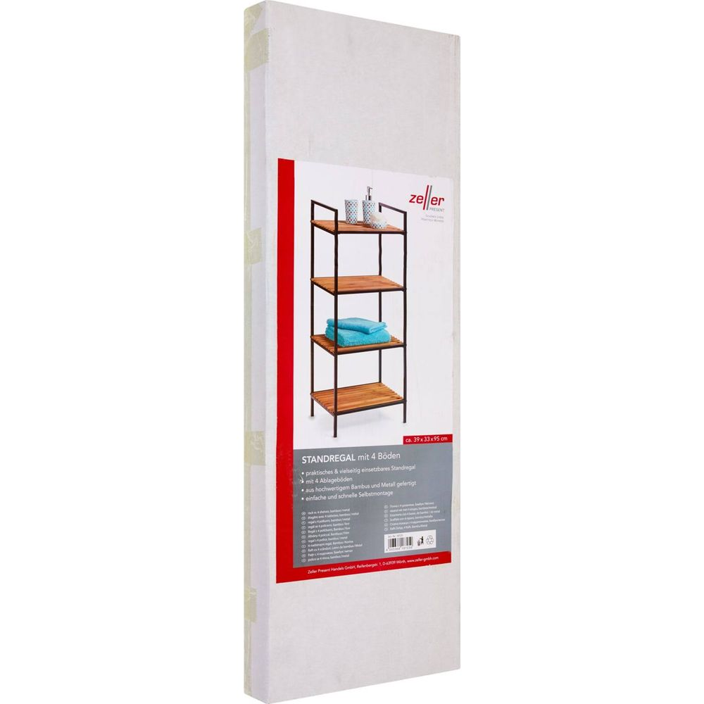 Verpackung eines Zeller Standregals mit 4 Bambus-Holzböden und schwarzem Metallrahmen.