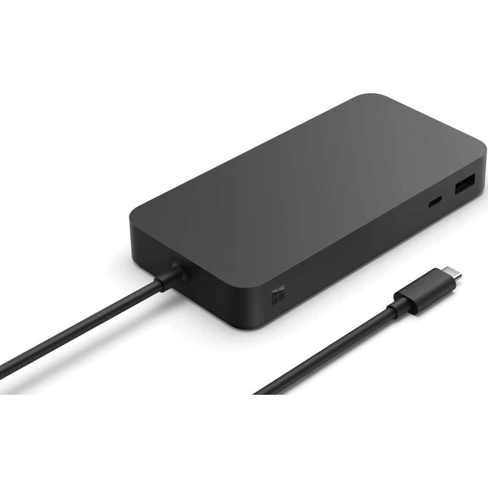 Ein schwarzes Surface Dock mit einem angeschlossenen Kabel.
