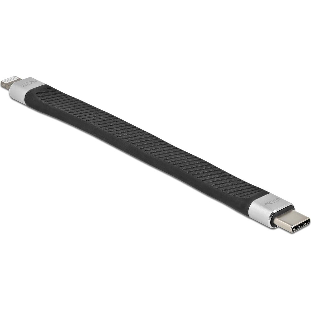 Adaptador de cable negro con conectores plateados, con enchufes Lightning y USB-C.