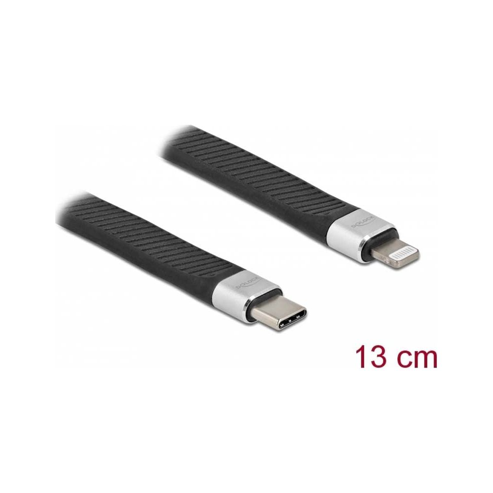 Un cable USB-C a Lightning de 13 cm con agarre negro texturizado.