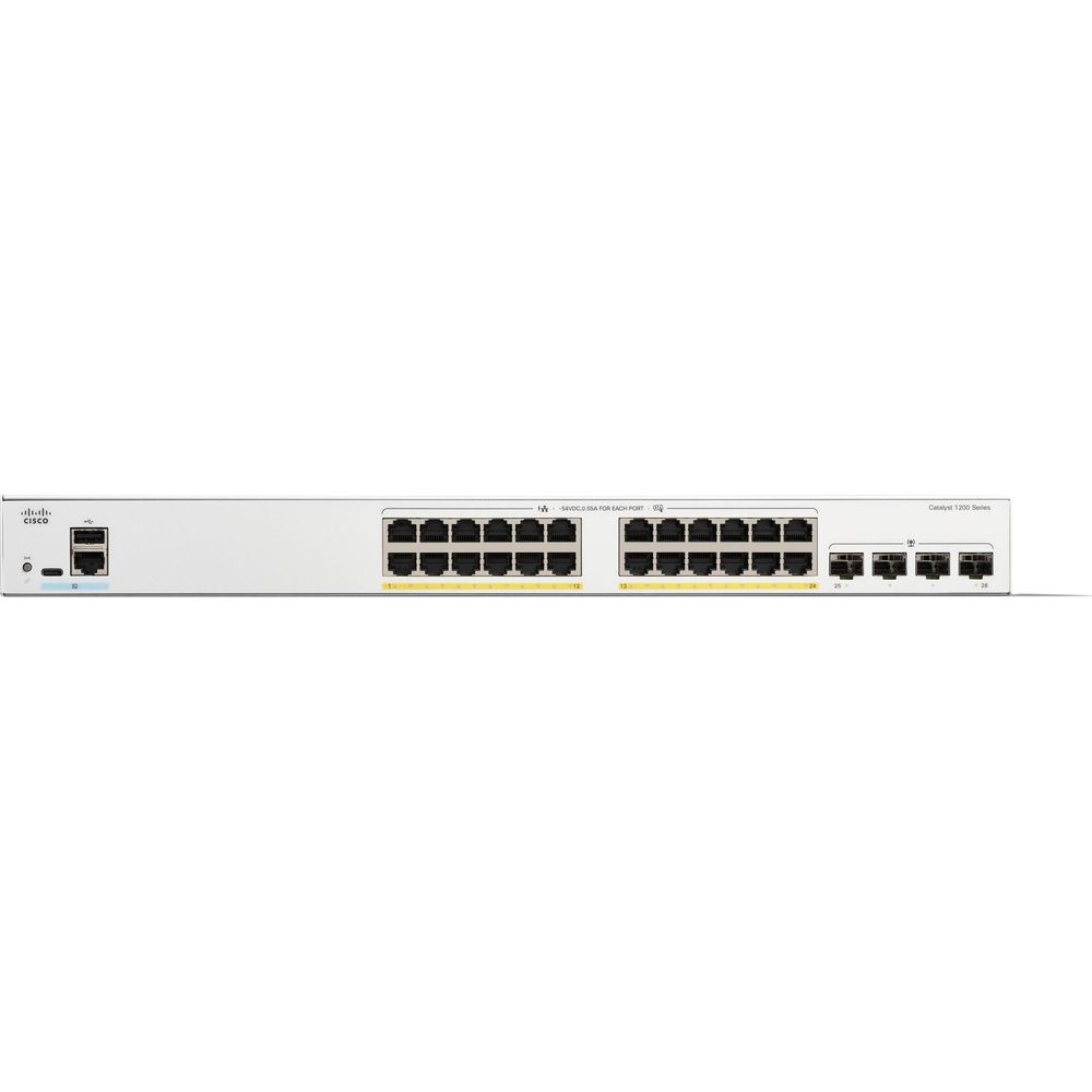 Biały przełącznik Cisco Catalyst 1200 z 28 portami i portem USB.