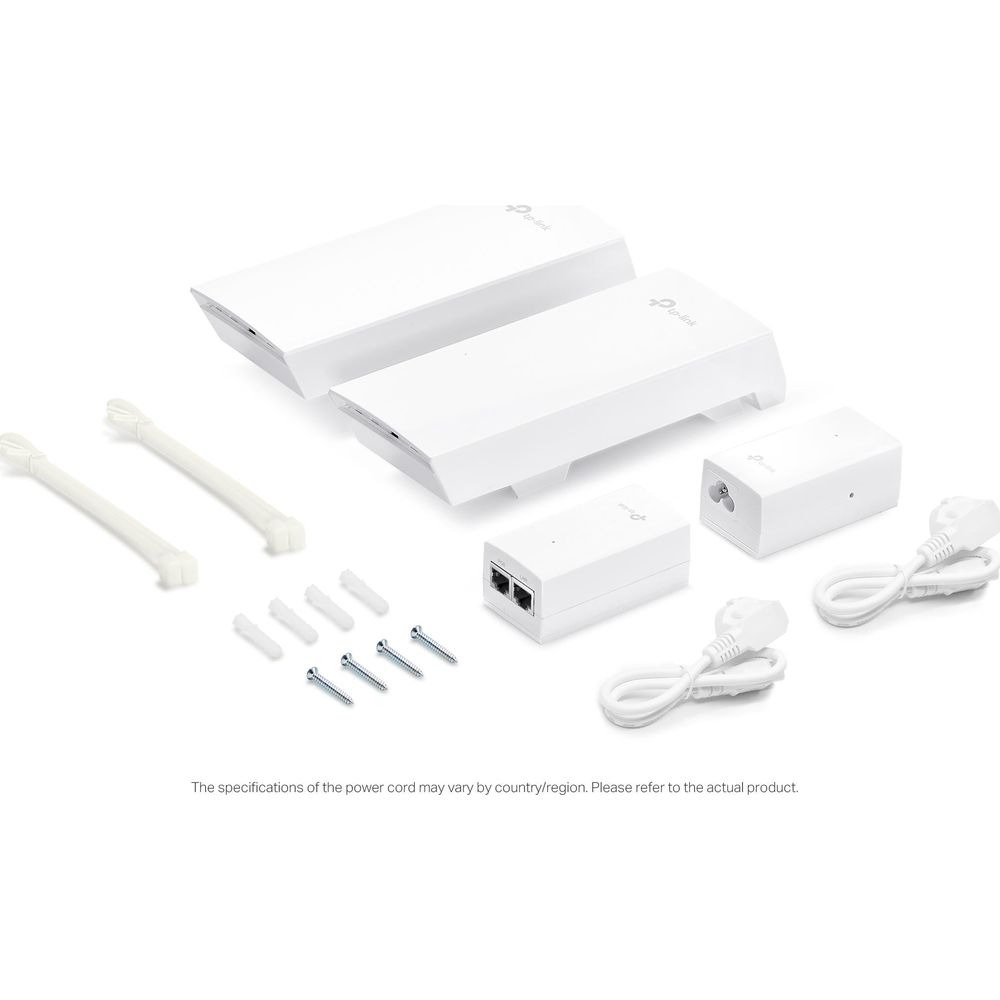 Weiße TP-Link-Geräte: zwei längliche, zwei kleine Adapter, Kabel und Schrauben.