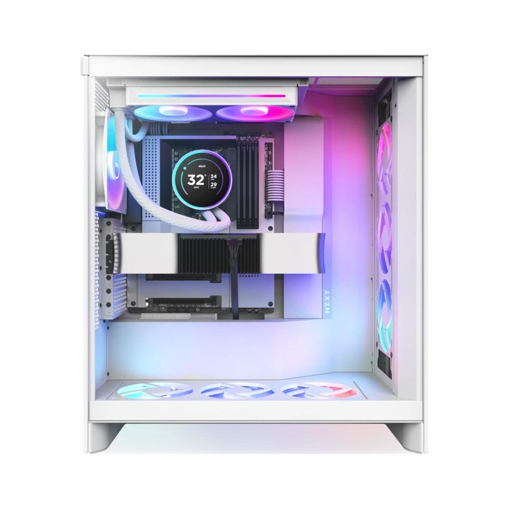 A white PC case with RGB fans and liquid cooling.