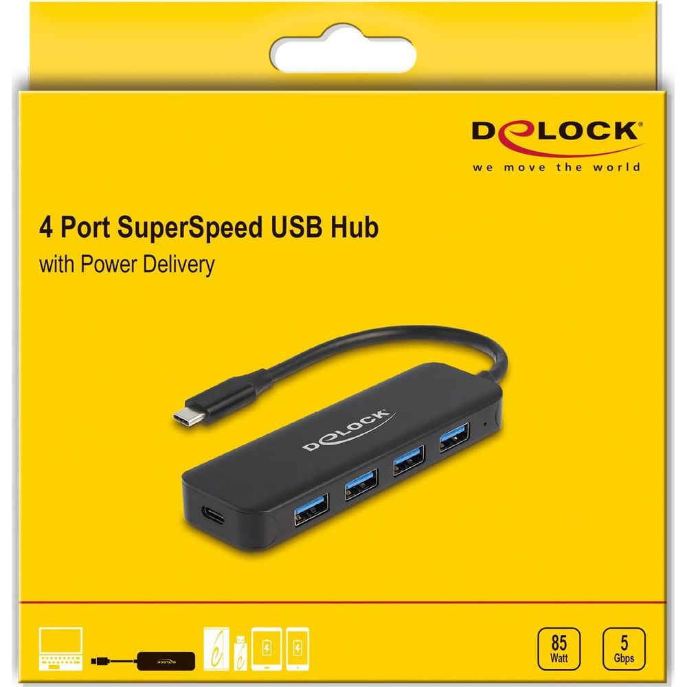 Hub USB nero a 4 porte con cavo e logo Delock blu. Confezione gialla.