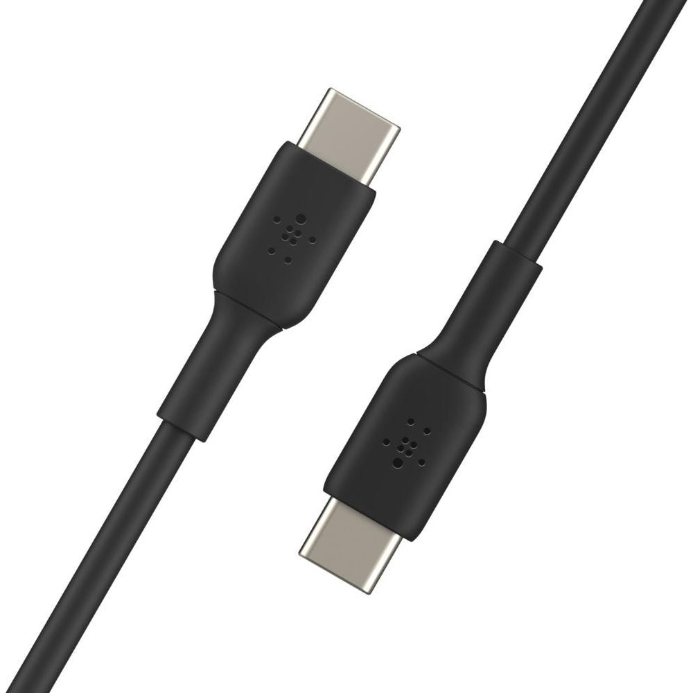Ein schwarzes USB-C-Kabel mit silbernen Anschlüssen auf weißem Hintergrund.