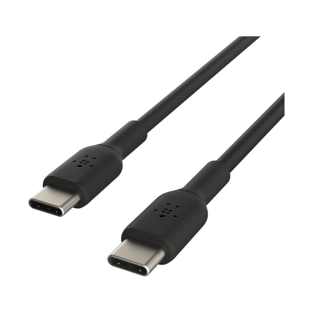 Zwei schwarze USB-C-Kabel mit silbernen Anschlüssen auf weißem Hintergrund.