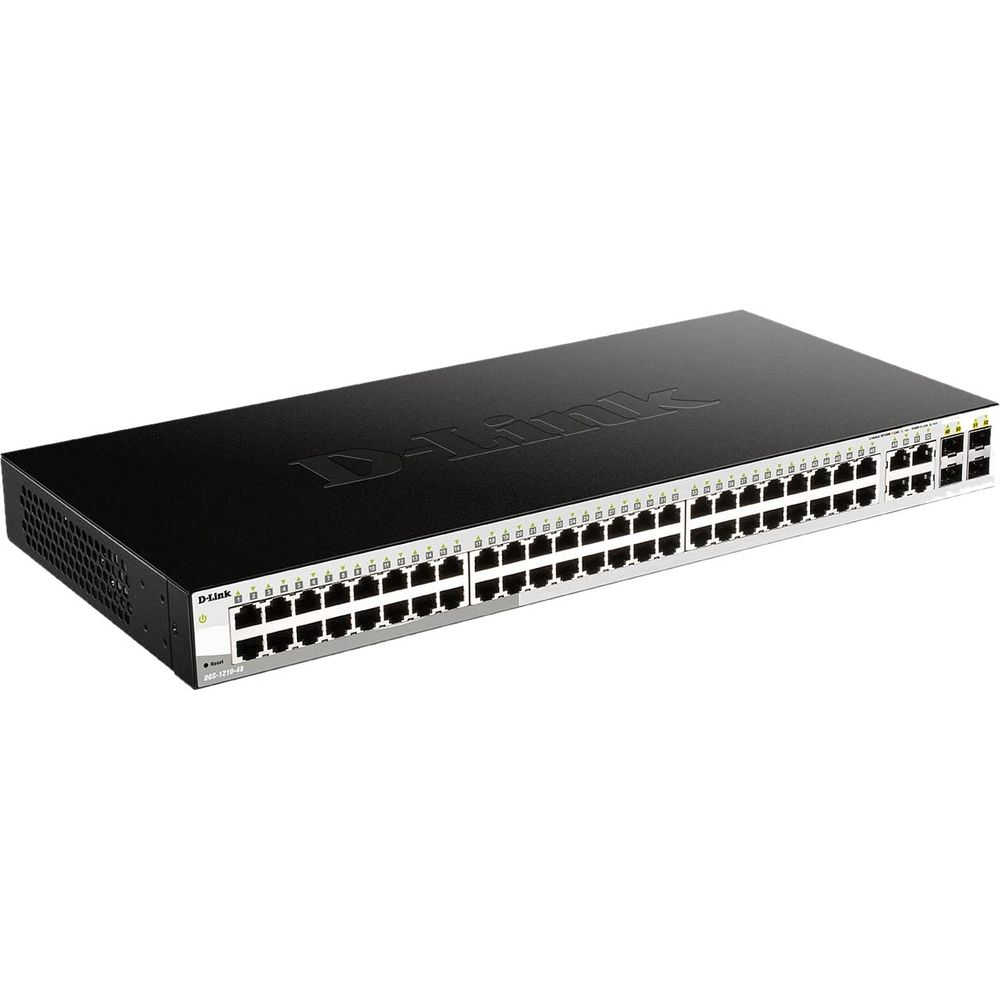 Schwarzer D-Link Netzwerk-Switch mit vielen Anschlüssen, auf weißem Hintergrund.