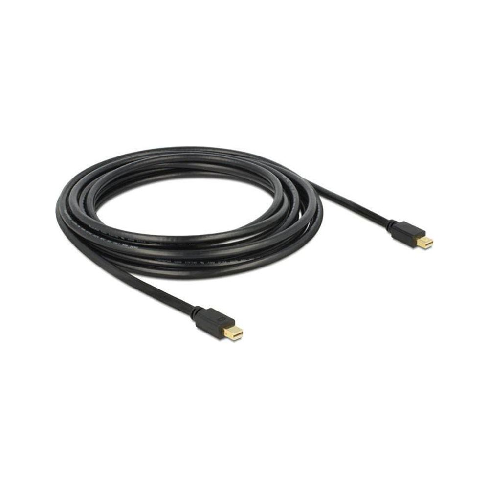 Un cavo HDMI nero con due piccoli connettori giace su sfondo bianco.