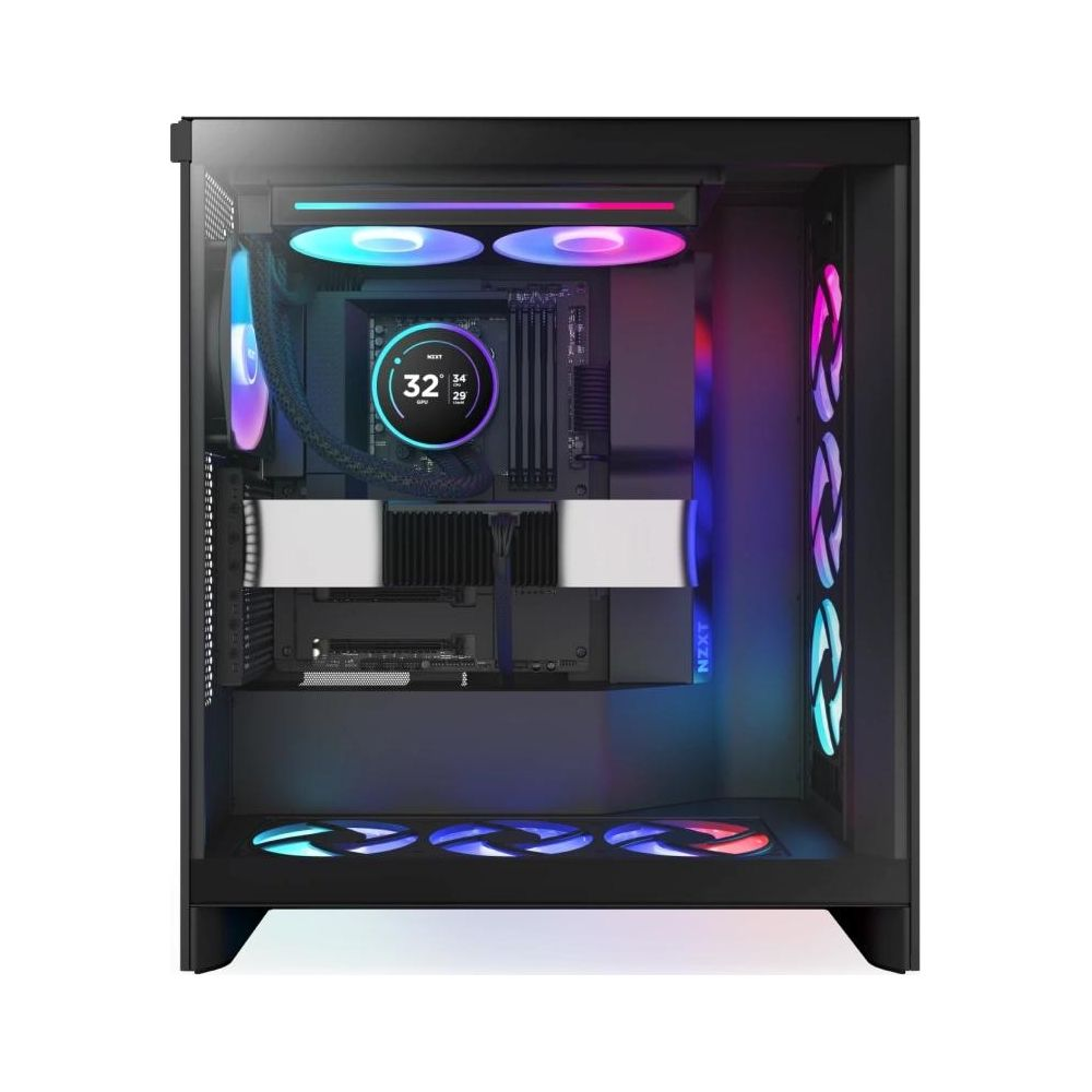 A computer case with RGB fans and a digital display.