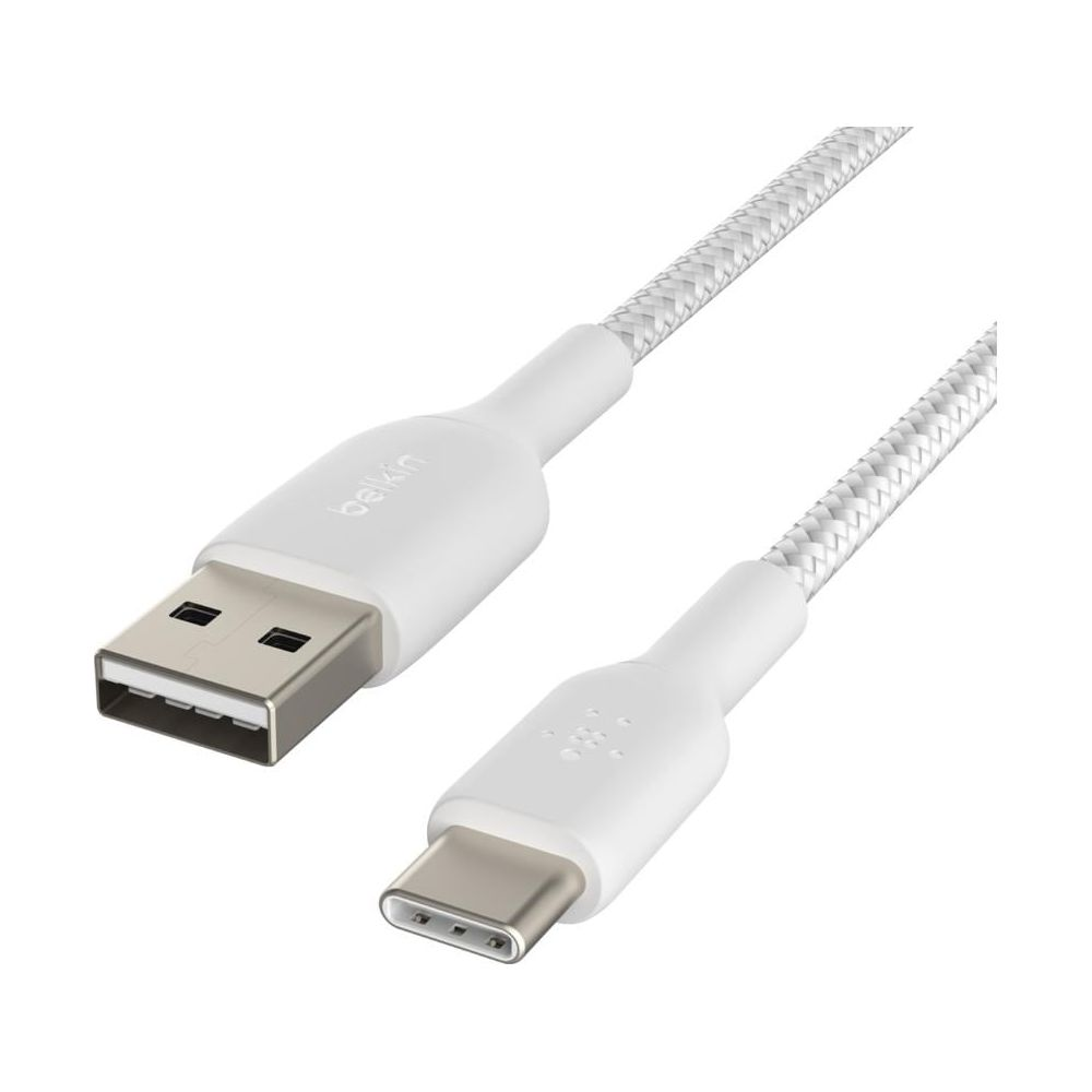 Witte USB-A naar USB-C kabel met gevlochten stoffen omhulsel.