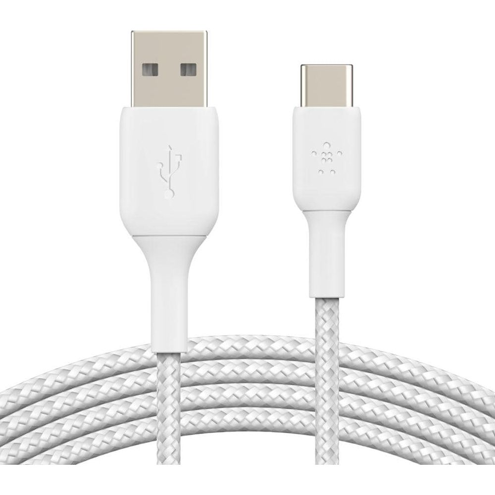 Een witte USB-A naar USB-C kabel met gevlochten stoffen koord.