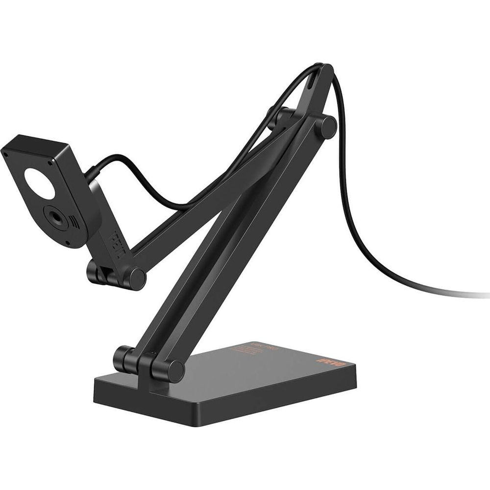 Un braccio per document camera nero con testa girevole e cavo su una base rettangolare.