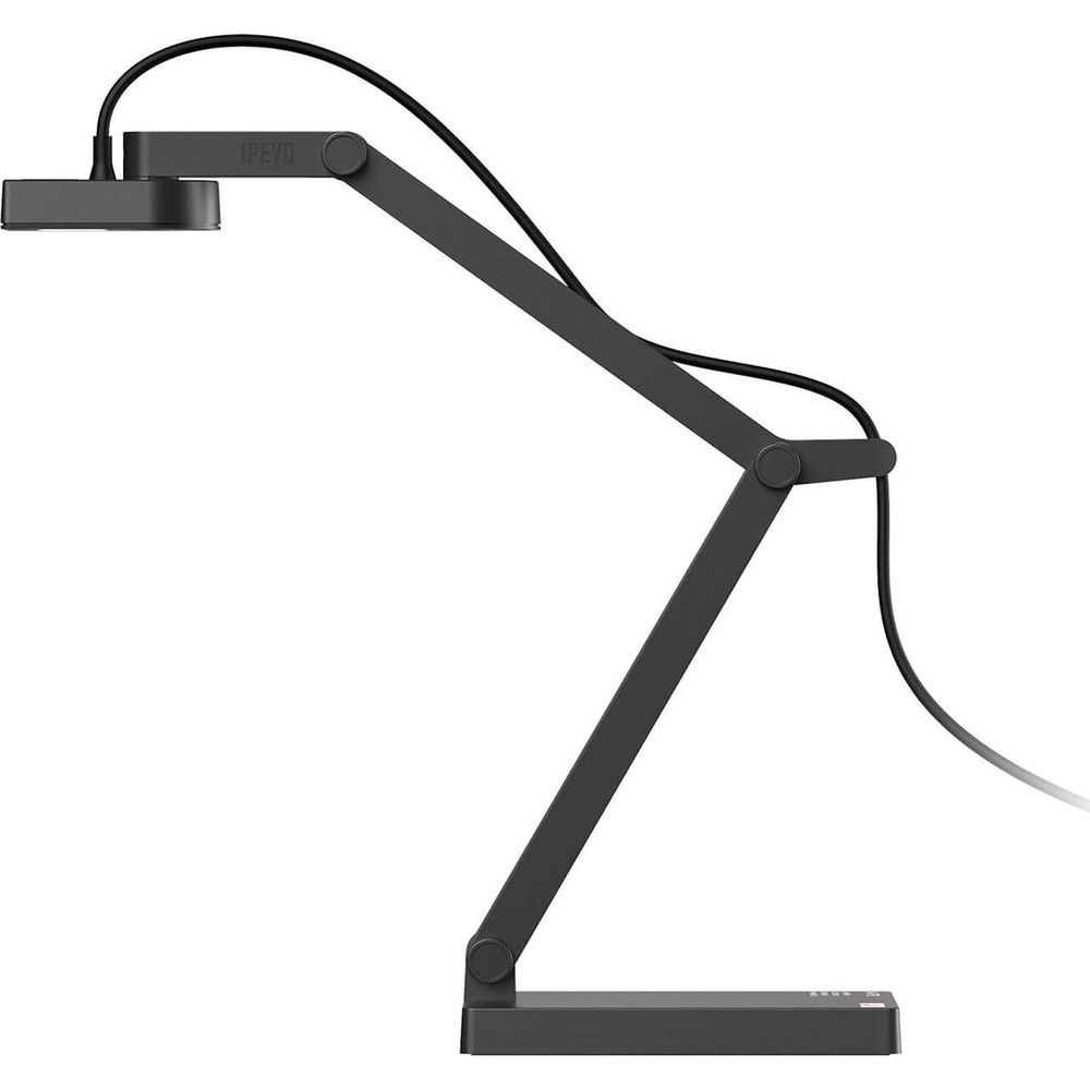 Una document camera a braccio articolato grigio su sfondo bianco.