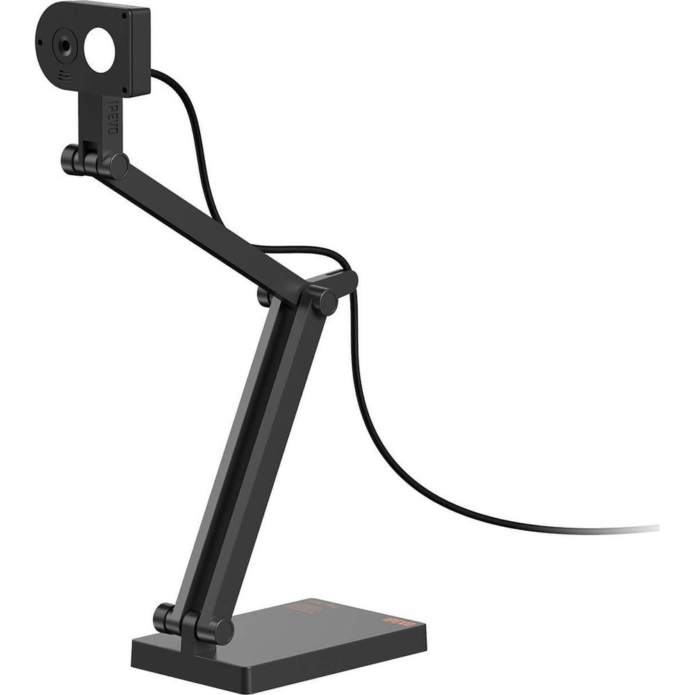 Una webcam nera su un braccio flessibile, montata su una base rettangolare.