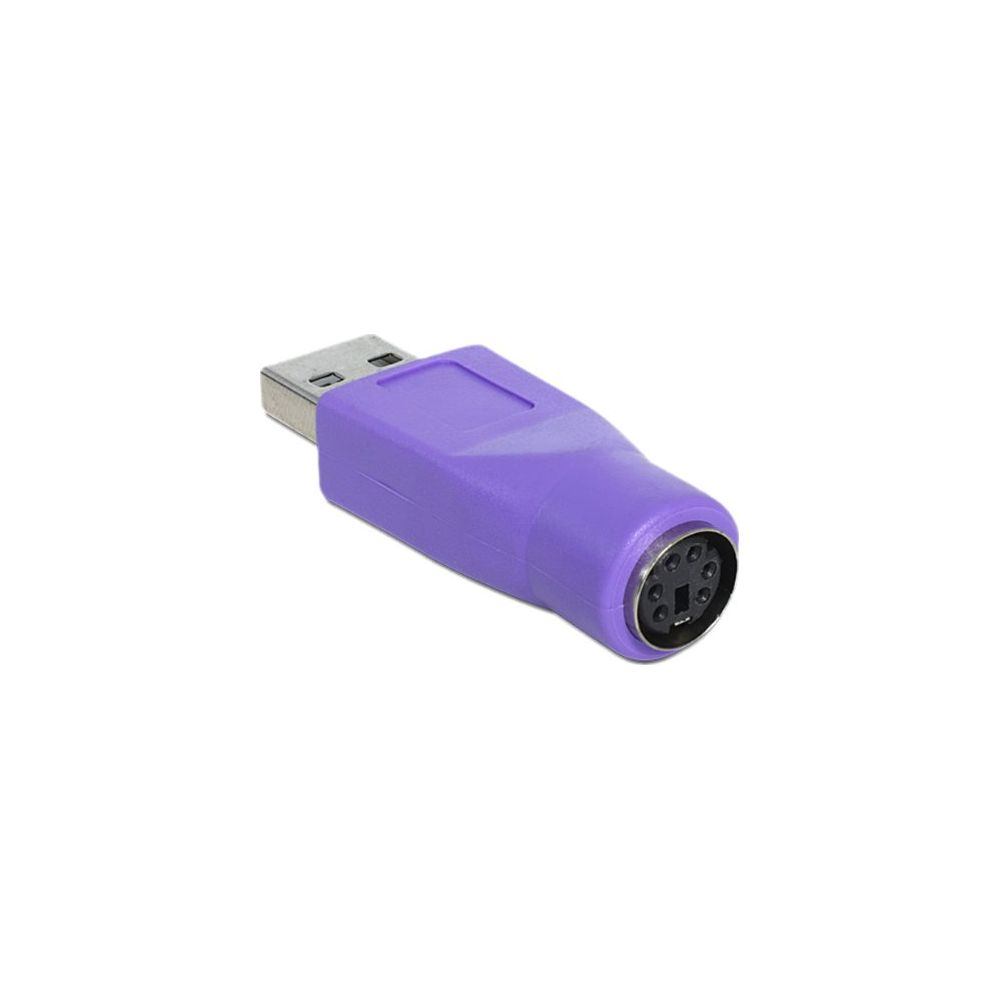 Un adattatore da USB a PS/2 viola isolato su sfondo bianco.