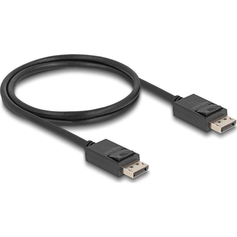 Un cavo DisplayPort nero con due connettori su sfondo bianco.