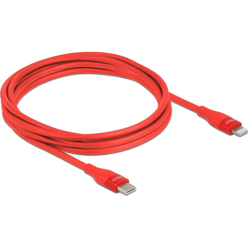 Un cavo da USB-C a Lightning rosso, arrotolato con entrambi i connettori visibili.