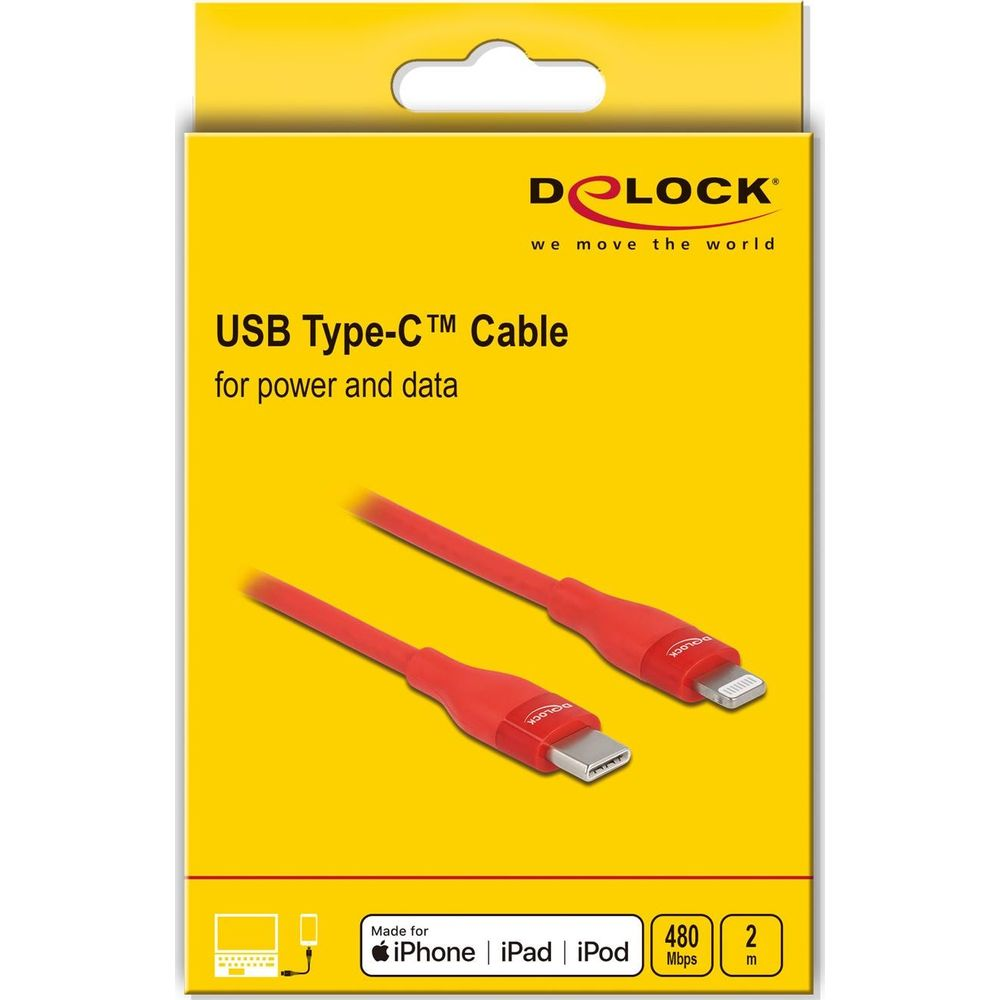 Confezione di un cavo USB-C rosso con connettore Lightning.