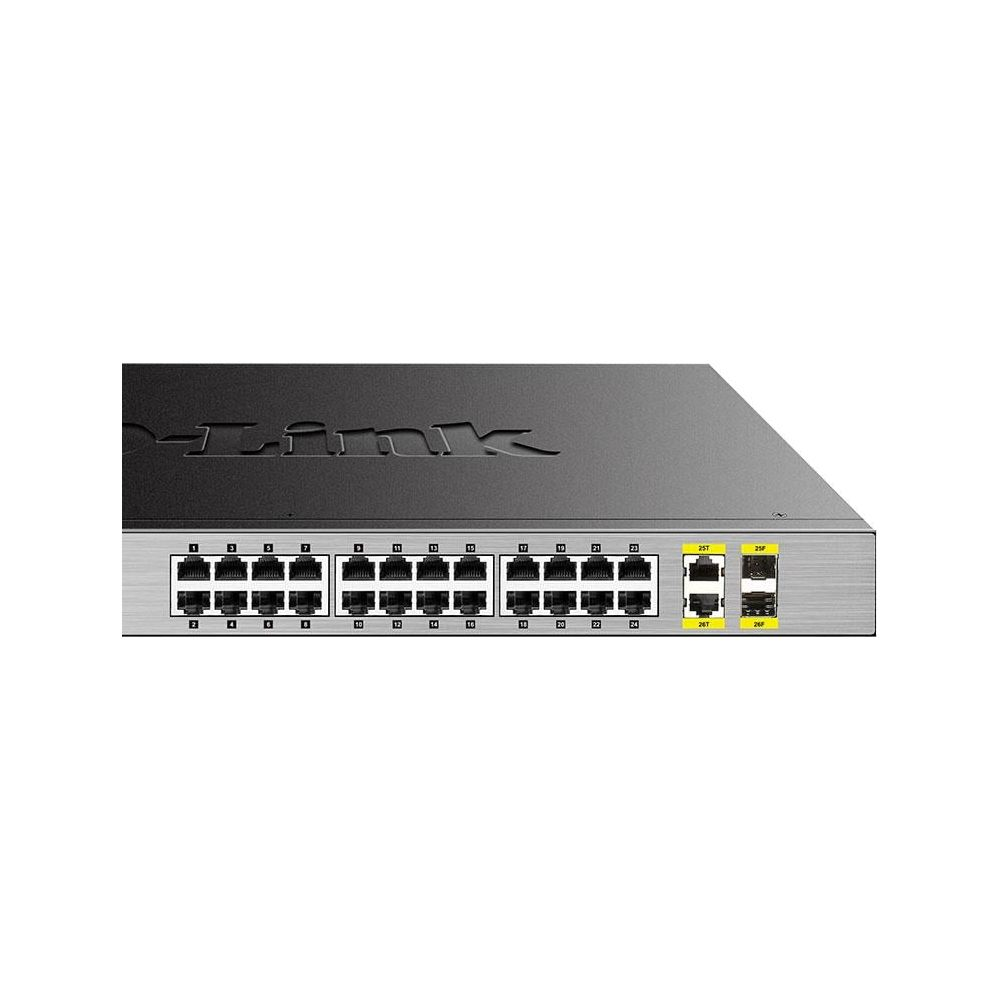 Switch di rete con 24 porte Ethernet e 2 porte SFP.