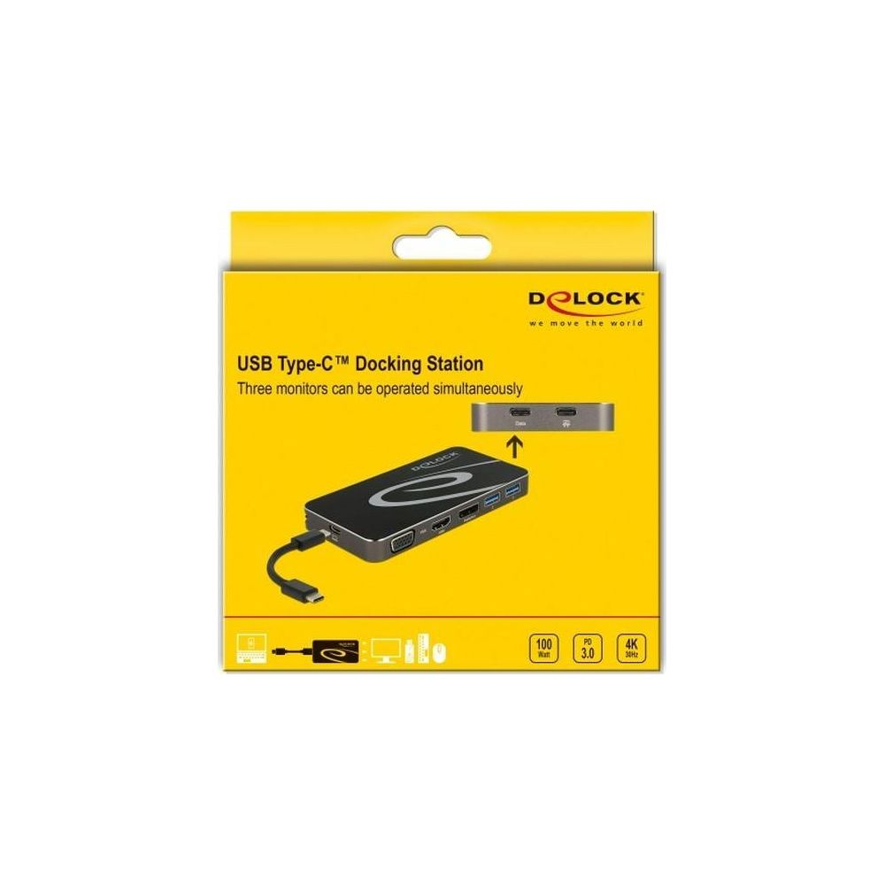 Verpackung einer Delock USB-C Dockingstation mit Anschlüssen und Spezifikationen.