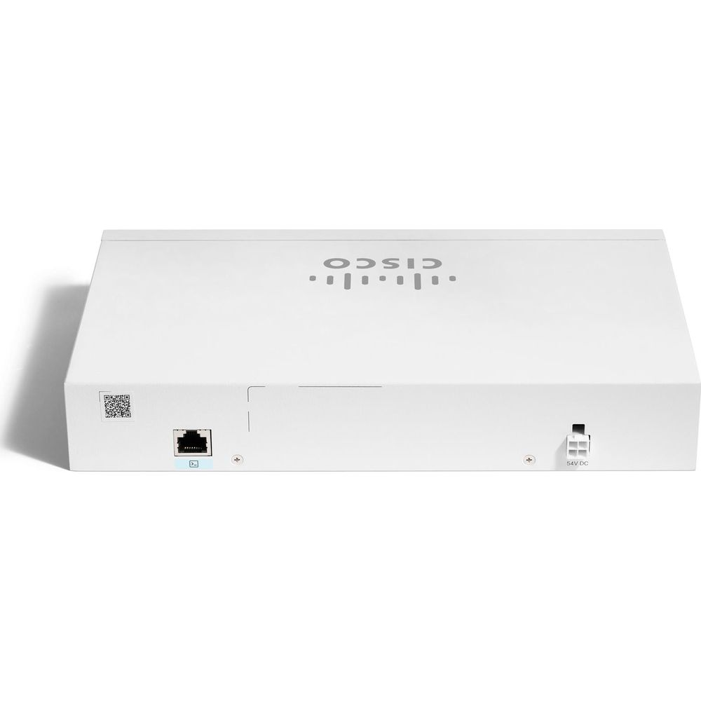 Un dispositivo Cisco bianco con porta Ethernet e alimentazione su sfondo bianco.