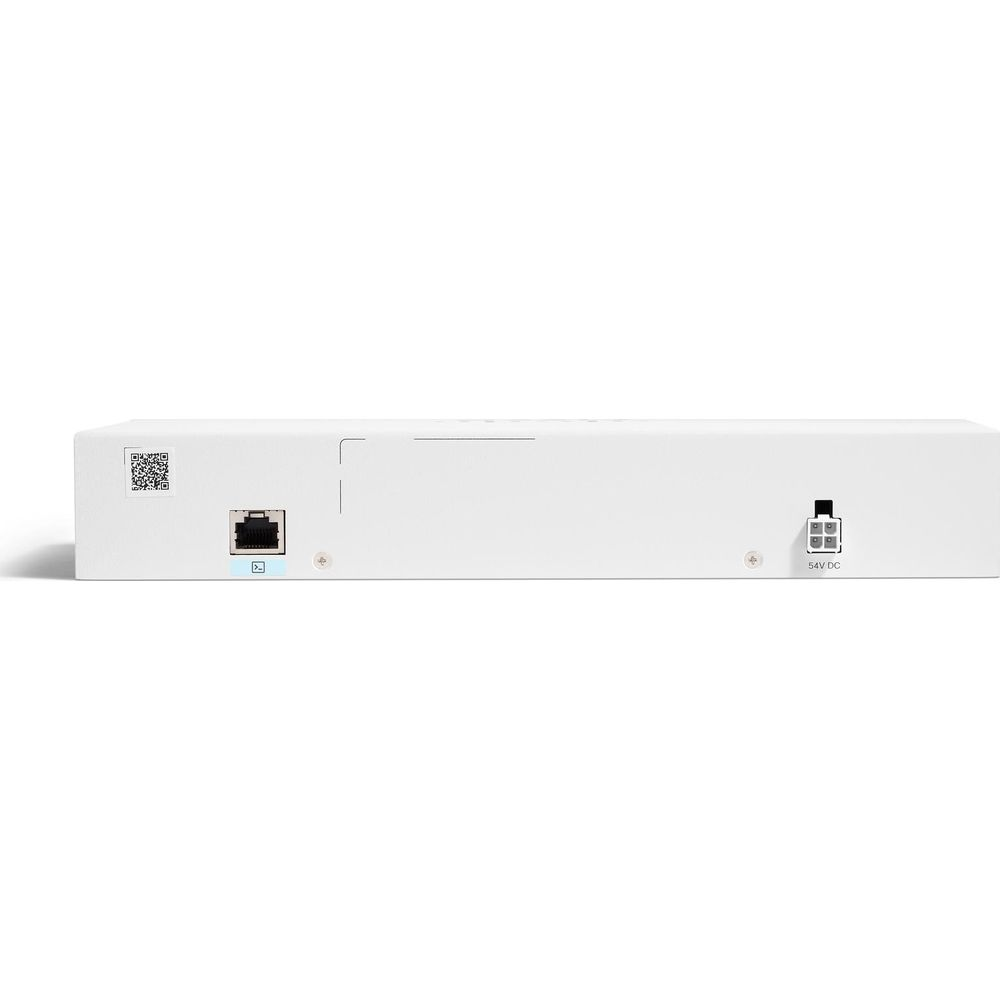 Scatola bianca con porta Ethernet e ingresso 54V DC, codice QR a sinistra.