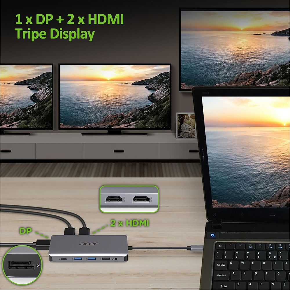 Ein Acer Hub mit DP- und HDMI-Anschlüssen, verbunden mit Laptops und drei Monitoren.