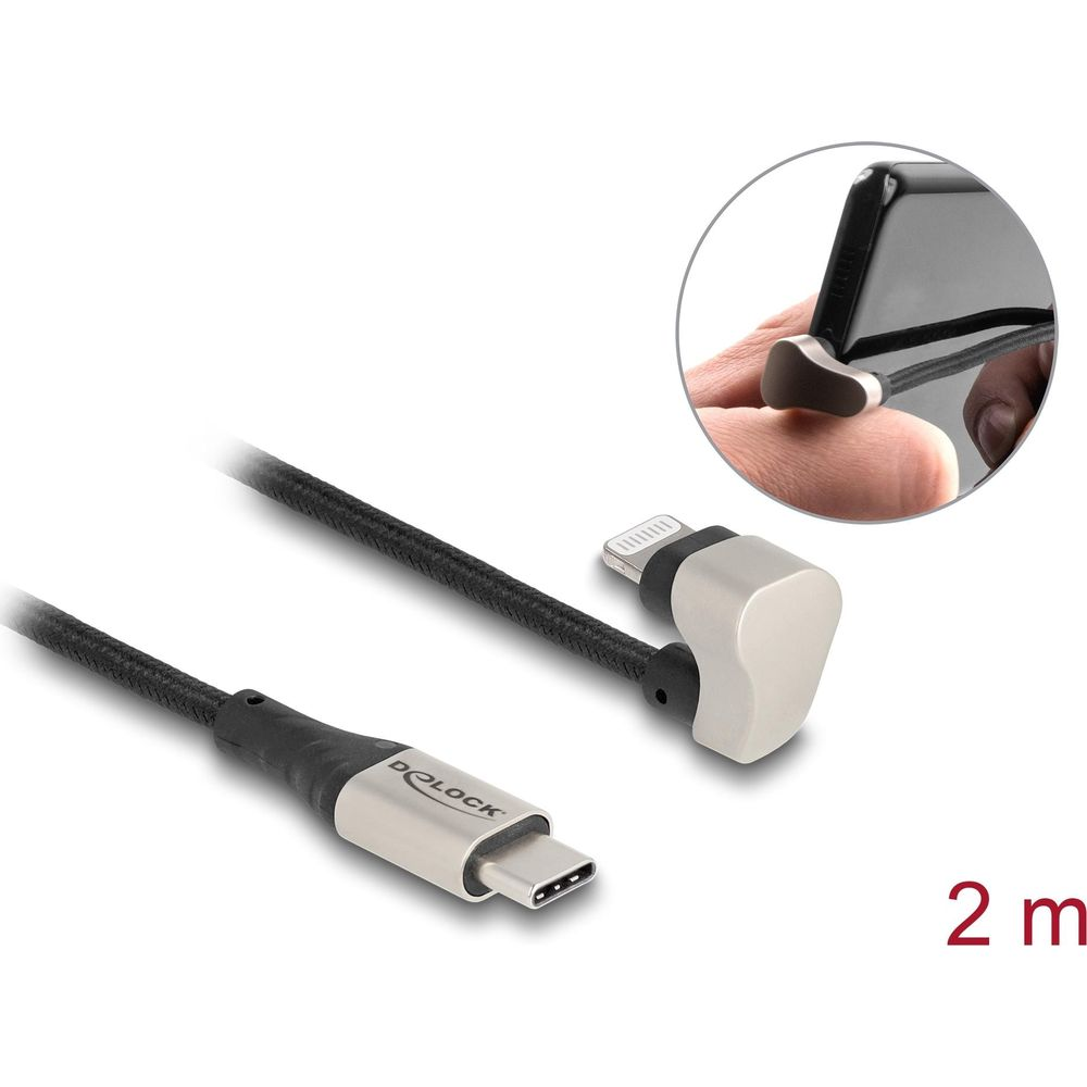 Un cavo USB-C a Lightning nero con connettori a 90 gradi e lunghezza 2m.