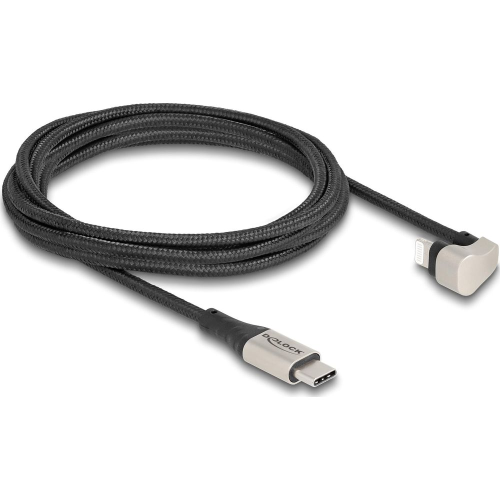 Cavo di ricarica USB-C a Lightning nero con connettori angolati a 90 gradi.