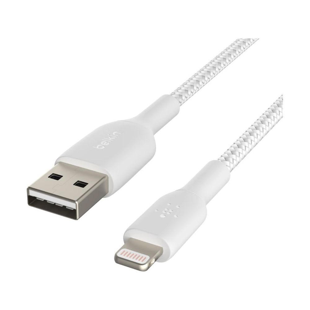 Câble blanc Belkin de USB à Lightning avec cordon tressé en tissu.
