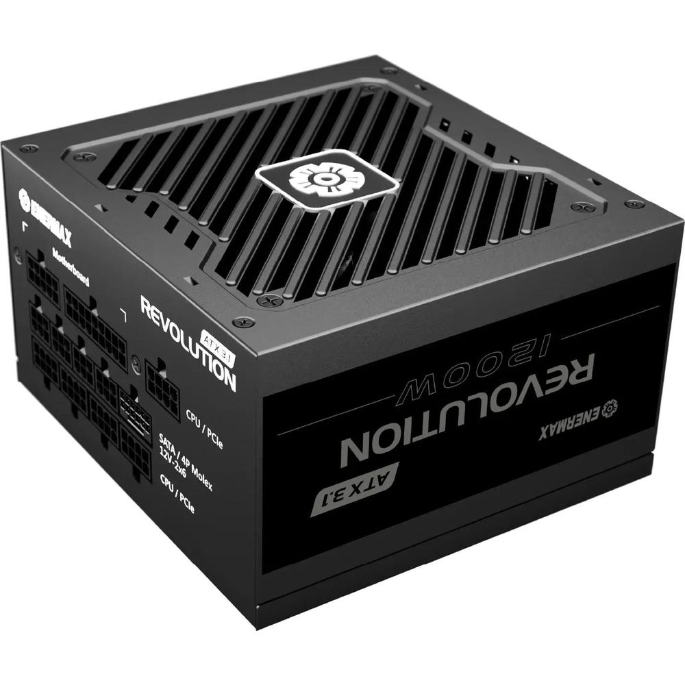 Schwarzes Enermax Revolution 1200W Netzteil mit Anschlüssen und Lüftergitter.