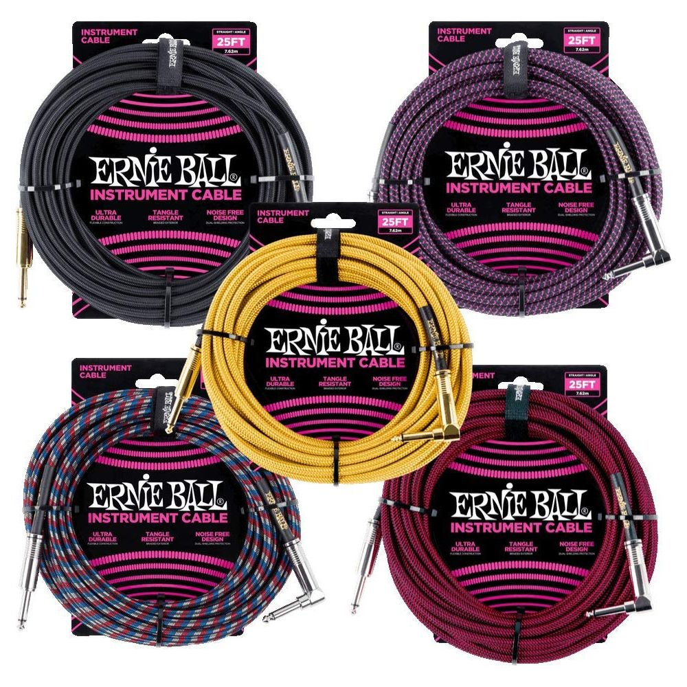 Cinque cavi per strumenti Ernie Ball neri, viola, gialli, blu/rossi e rosso scuro.