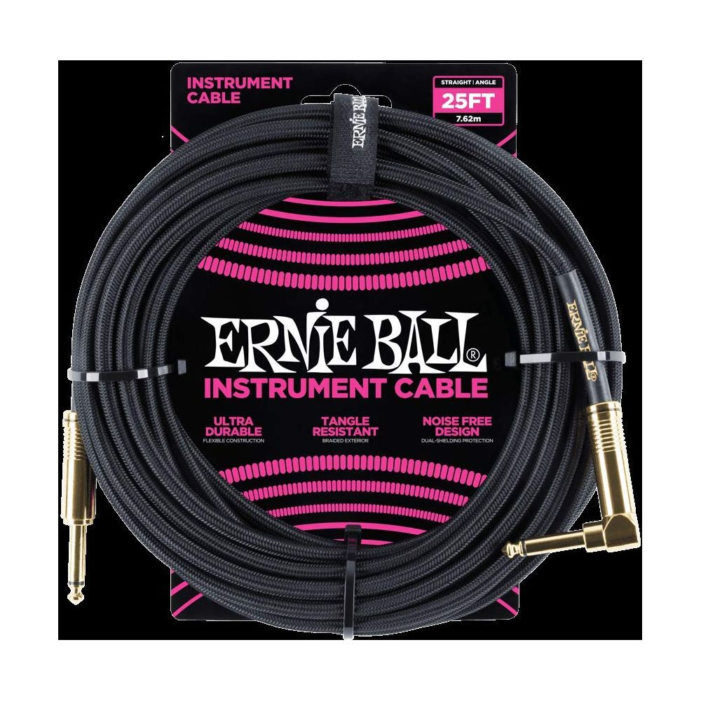 Cavo per strumenti Ernie Ball nero, 25 piedi, con connettori dritti e ad angolo retto.