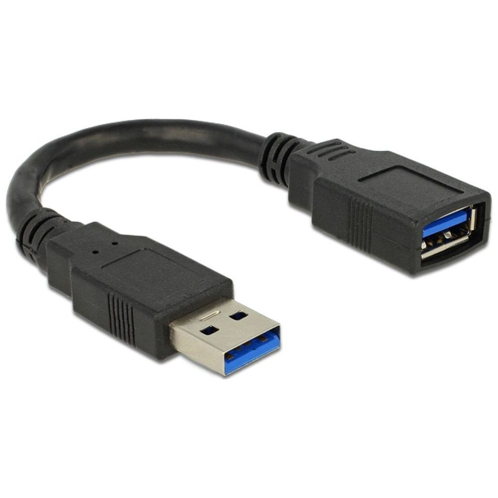 Zwarte USB 3.0 verlengkabel met mannelijke en vrouwelijke connectoren.