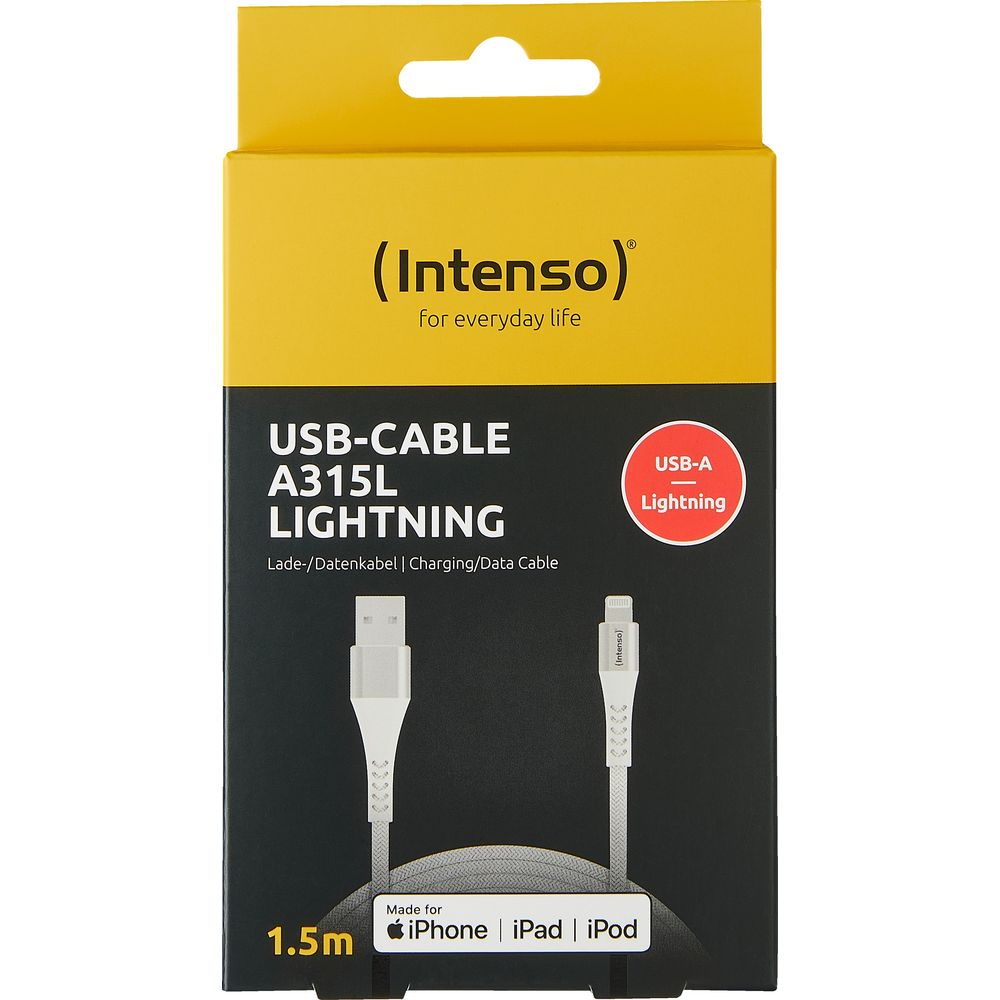 Câble de charge Intenso USB-A Lightning, 1.5m, blanc/gris, pour iPhone, iPad, iPod.