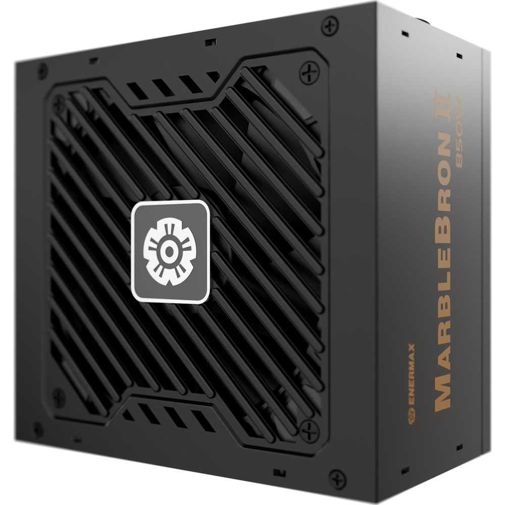 Bloc d'alimentation noir avec grille de ventilateur et logo. MARBLEBRON II 850W.