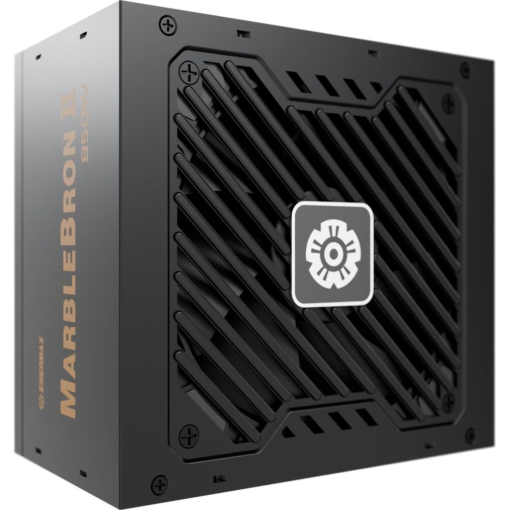 Une alimentation noire avec grille de ventilateur et logo blanc.