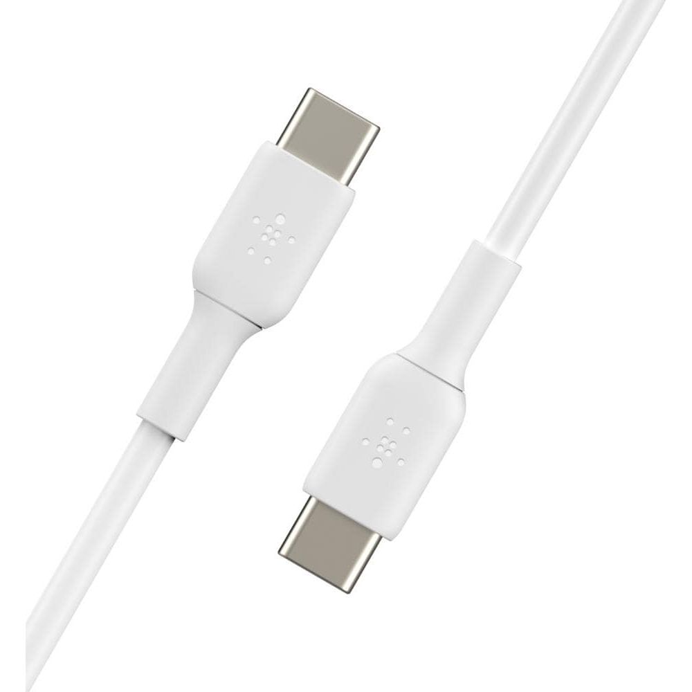 Ein weißes USB-C-Kabel mit silbernen Anschlüssen, nahaufnahme.