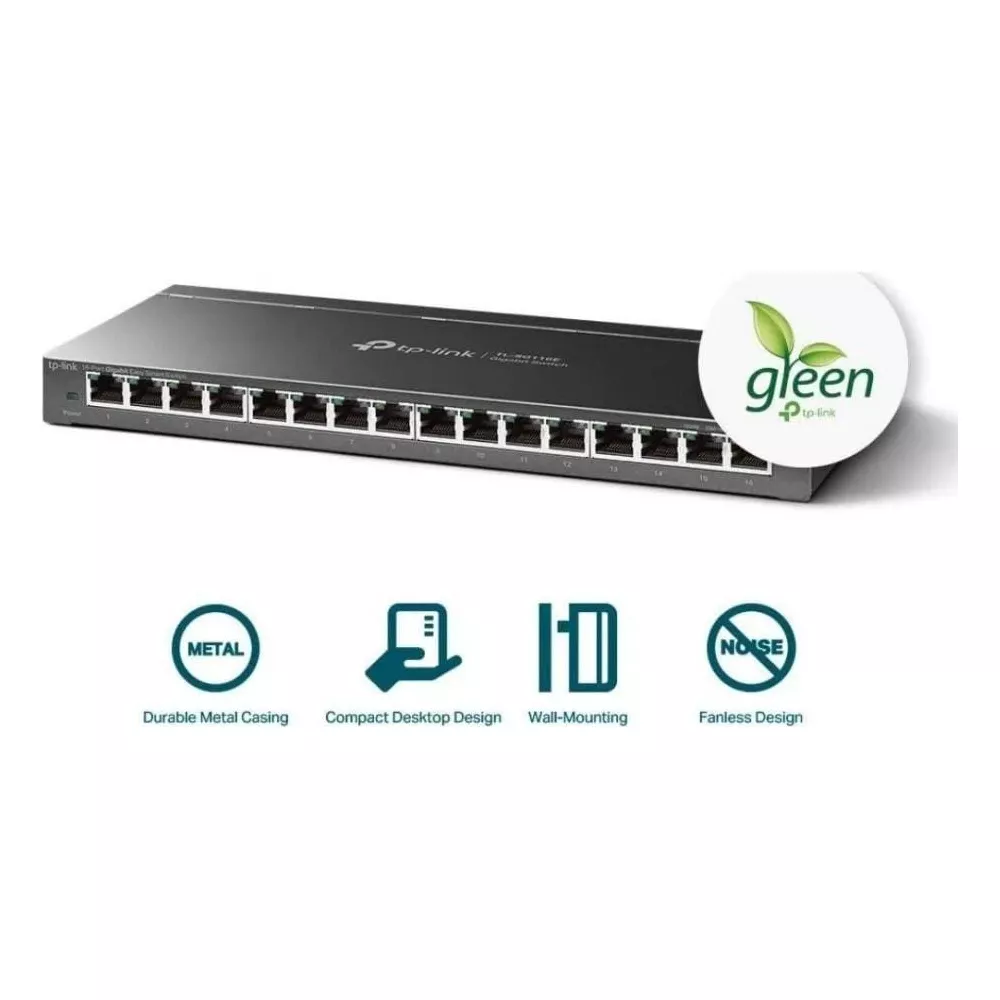 Ein silberner TP-Link Netzwerk-Switch mit 16 Ports und einem grünen Logo.