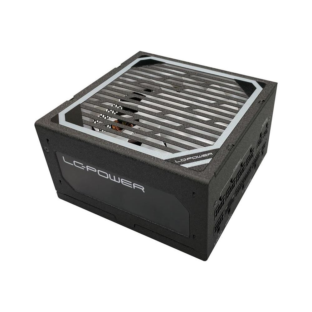 Alimentatore LG-POWER nero con griglia ventola sopra e connettori sul lato.