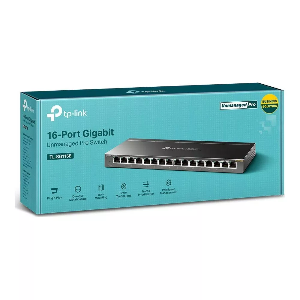 TP-Link 16-Port Gigabit Unmanaged Pro Switch TL-SG116E auf türkisblauem Karton.