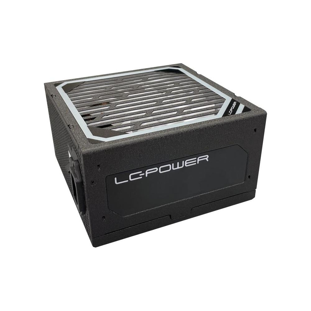 Alimentatore nero LC-POWER con griglia della ventola e telaio argentato.