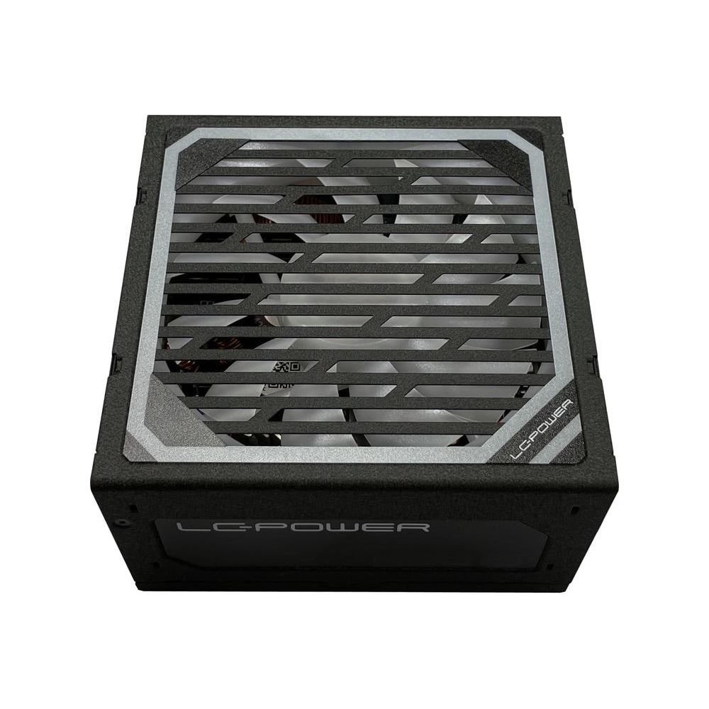 Un alimentatore LC-POWER nero con griglia della ventola e logo.