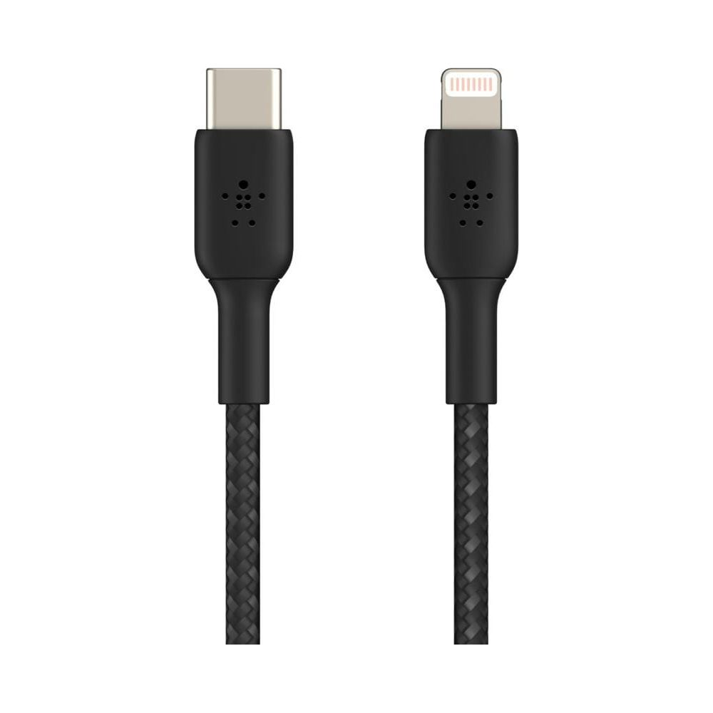 Deux câbles de chargement noirs avec connecteurs différents : USB-C et Lightning.