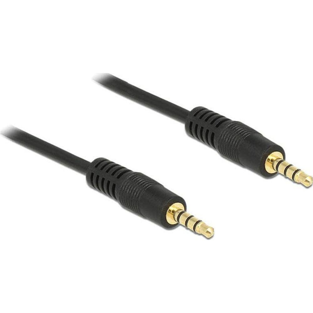 Due cavi audio neri con connettori placcati oro da 3,5 mm su sfondo bianco.